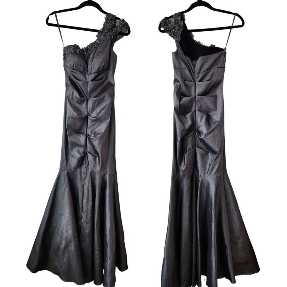 Cache Silver Prom Dress One-Shoulder Beaded Ruched Trumpet Full Length 90s Y2K 4